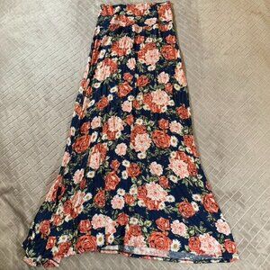 Frumos Womens Small Long Maxi Skirt Dark Blue Floral Rose A Line Flare Pull On